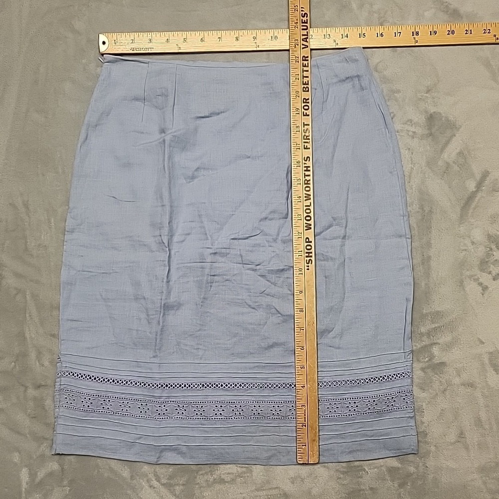 Alexandra Bartlett Skirt Women 6 Blue Linen Eyelet Lace Hem Pencil Coastal Chic - Picture 8 of 8